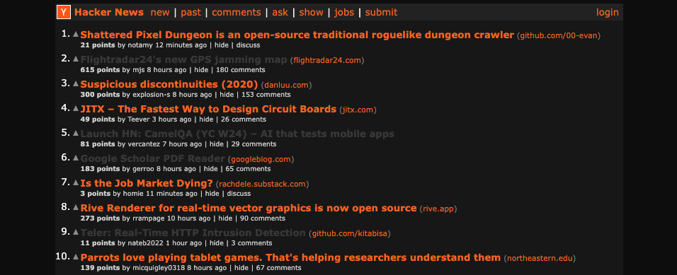 hacker news screenshot using the dark mode